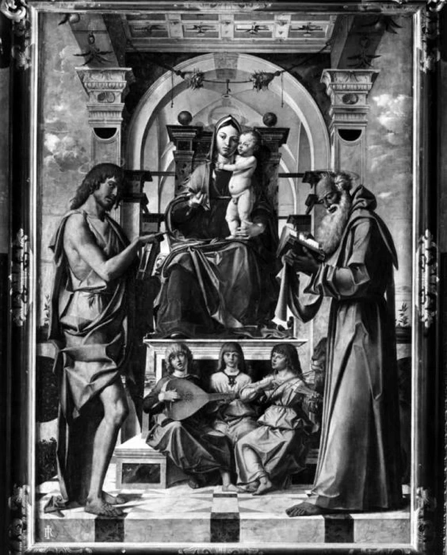 Bartolomeo Montagna-45-Madonna con Bambino in trono e angeli musicanti tra San Giovanni Battista e San Girolamo - Pavia, Museo della Certosa